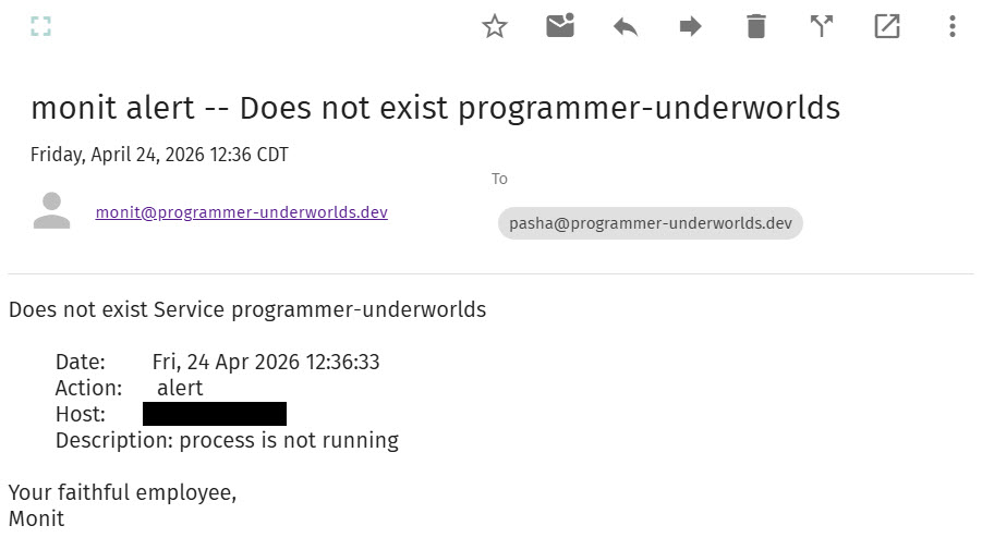 monit থেকে প্রাপ্ত ইমেইল যে programmer-underworlds প্রসেসটি বন্ধ হয়ে গেছে।
