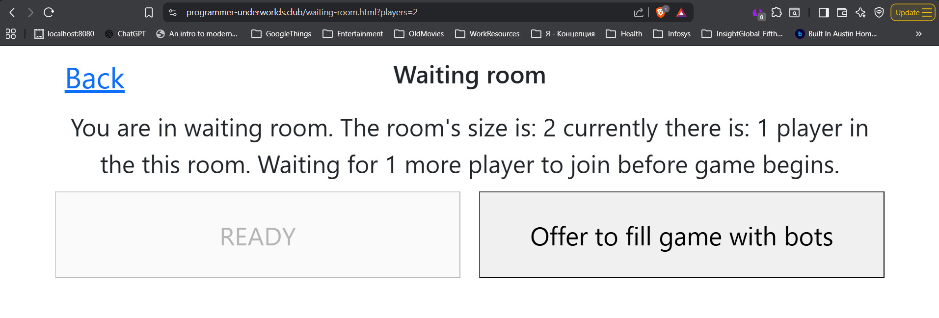 Screenshot of 'waiting room' page with 'Offer to fill game with bots' button.